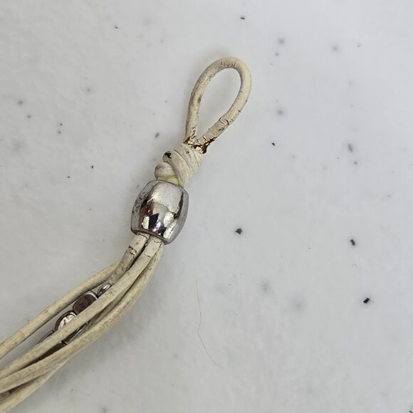 Fossil Leather Cord Bracelet White Silver Tone Beaded Multi Strand Boho - Picture 7 of 8